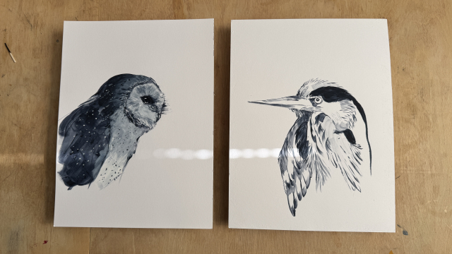Foto van werk van Maria van Veelen, u ziet een uil en een ijsvogel